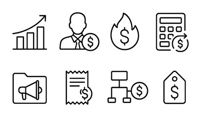 Finance and business outline icons set – linear style banking, investment, and money management symbols: graph, user, budget, calculator, marketing, invoice, flowchart, tag