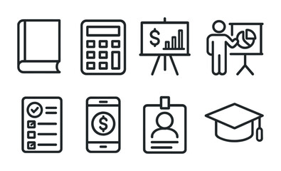 Education and learning outline icons set – linear style teaching, finance, and analysis symbols for academic success: book, calculator, presentation, checklist, smartphone, id badge, graduation cap.