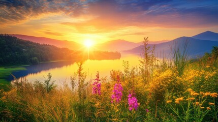 Obraz premium Serene sunrise over a tranquil lake, vibrant wildflowers