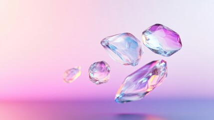 Abstract iridescent gems, suspended in mid-air, against a soft pastel background.  A digital art piece highlighting the facets and translucent nature of the shapes
