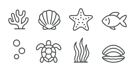 Marine life outline icons set – line art ocean, sea creatures, and aquatic symbols for marine biology: coral, shell, starfish, fish, turtle, seaweed, bubbles, clam.