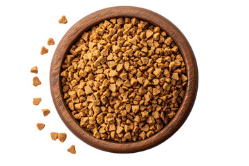 Brown granules in wooden bowl on white background for health uses