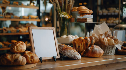 Blank White Placard Near a Grocery Store Display Filled With Fresh Bread and Pastries in Warm Sunlight