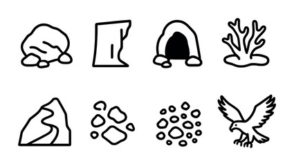 Fototapeta premium Nature and geology outline icon set – linear style natural elements, terrain, and wildlife symbols for educational use: rock, cliff, cave, coral, mountain, stones, eagle.