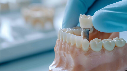 A hyperrealistic closeup of a dentists gloved hand gently holding a titanium dental implant next to a human jaw model illustrating modern implantology The background is completely c