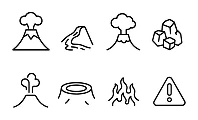 Natural disaster outline icon set - linear style hazard and emergency symbols for crisis management: volcano, earthquake, tsunami, fire, flood, avalanche, storm, warning