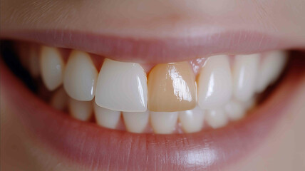 Fototapeta premium A hyperrealistic closeup of a smiling mouth showcasing a perfect row of white teeth with one tooth noticeably darkened The contrast highlights the issue of discoloration The lightin