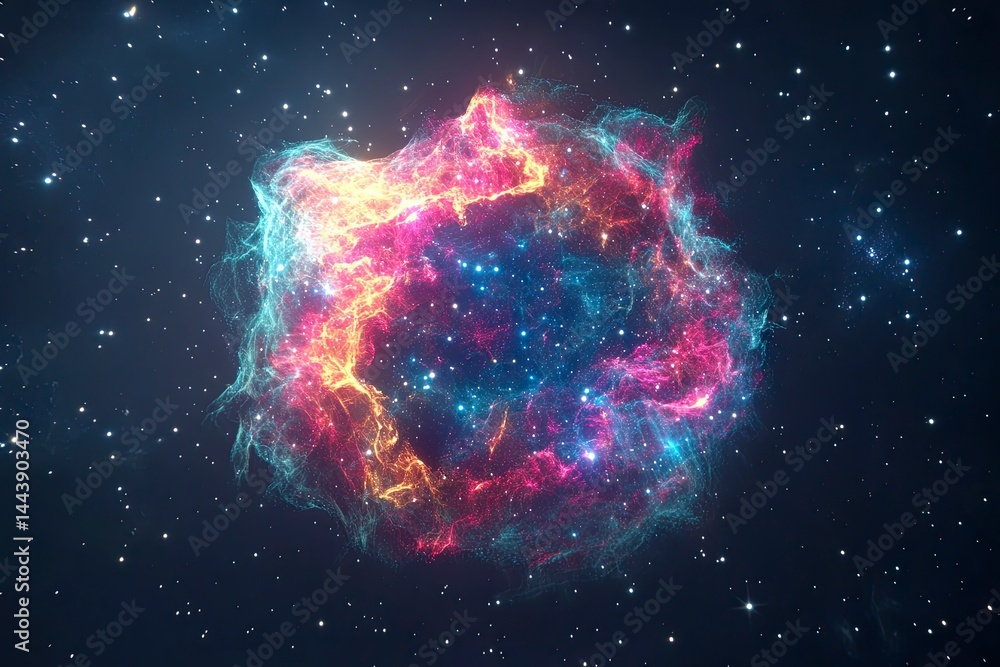 Poster 3d rendering of a colorful nebula in deep space with stars and a galaxy background, detailed.