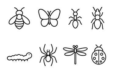 Insects outline icon set – linear style nature, wildlife, and bug symbols for entomology: bee, butterfly, ant, caterpillar, spider, dragonfly, ladybug.