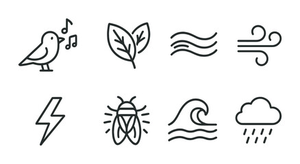 Nature and environment line icons set – outline style wildlife, ecological, and weather symbols for sustainability projects: bird, leaf, wind, bug, wave, rain, lightning.