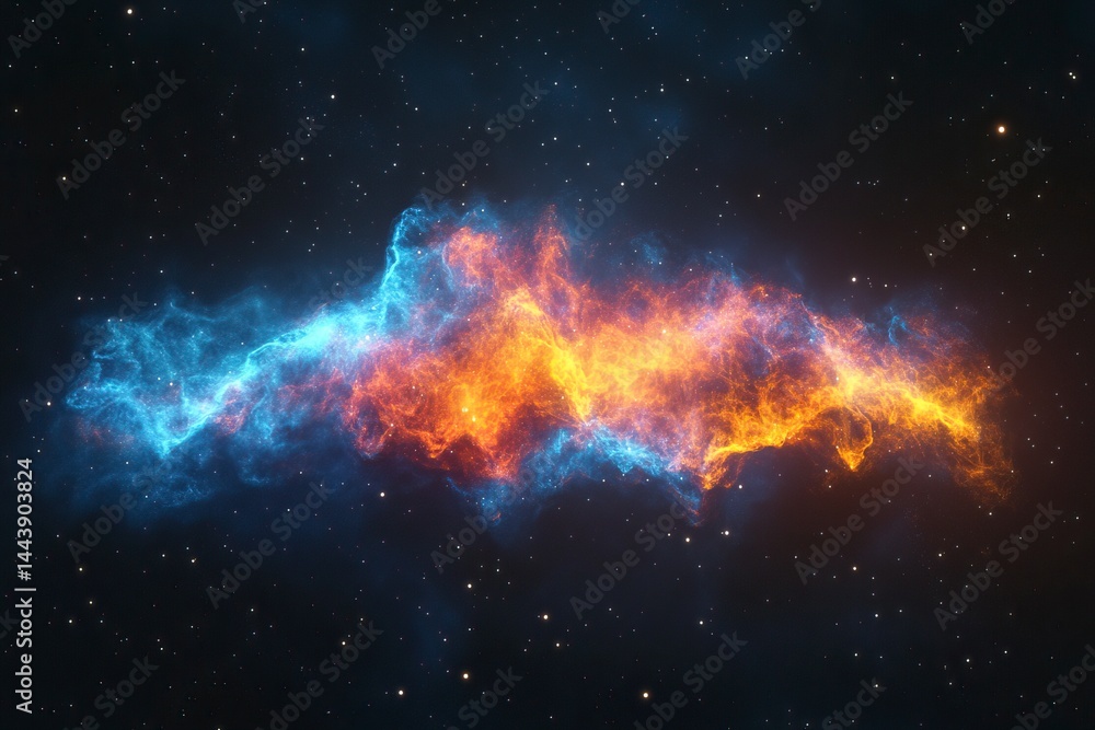 Poster 3d rendering of a colorful nebula in deep space with stars and a galaxy background, detailed.