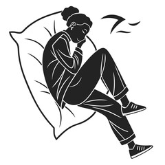 Woman Sleeping Soundly Hugging A Pillow In Pajamas And Sneakers Black Silhouette