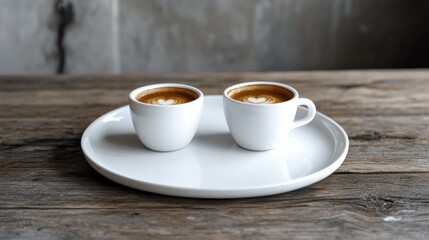 Obraz premium Double espresso shot in two cups, placed on a shared white plate, clean and minimal generative ai