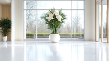 Fototapeta premium Modern, bright interior with large window, plants, and flowers