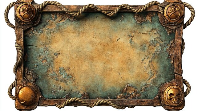 Antique treasure map frame with rope, skulls, and aged parchment.