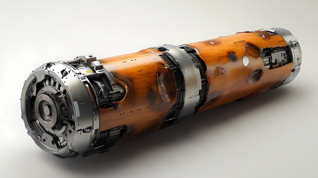 A sleek, cylindrical device featuring metal and wood elements, likely used in mechanical or electrical applications. [Mechanical Forests] | Alloy Bark | fused skin. Illustration