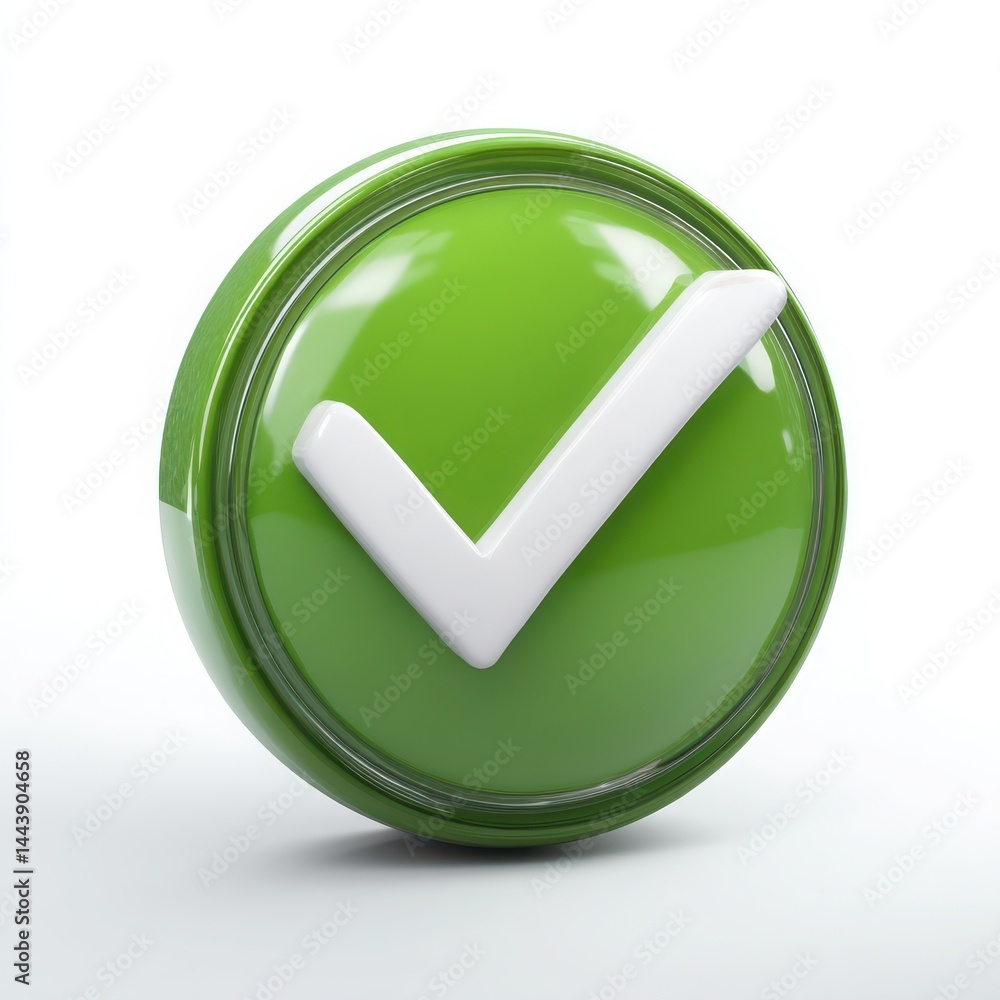 Poster a close up of a green button with a white check mark on it against a white background studio shot. g