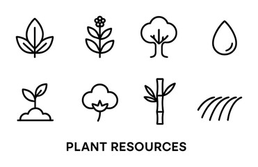 Sustainable agriculture outline icon set – eco-friendly farming, plant resources, and nature symbols for environmental projects: leaf, flower, tree, water drop, sprout, cotton, bamboo, crop.