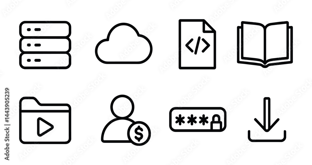Poster digital technology line icons set – outline style for cloud computing, data storage, and cybersecuri