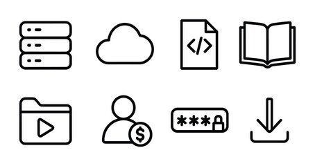 Digital technology line icons set – outline style for cloud computing, data storage, and cybersecurity symbols: server, cloud, code, book, folder, user, password, download.