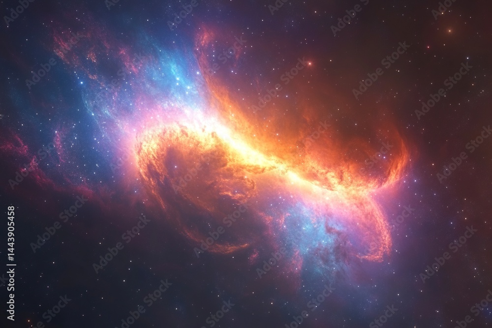 Poster 3d rendering of a colorful nebula in deep space with stars and a galaxy background, detailed.