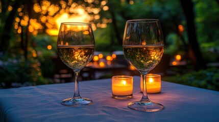 Obraz premium Romantic wine glasses at sunset dinner