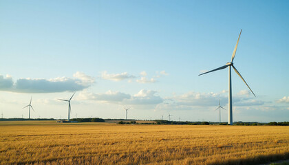 Wind turbines generating clean energy in a golden field  