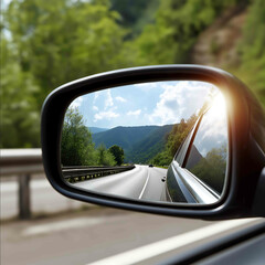 car rearview mirror isolated spring green and highway background sunny day