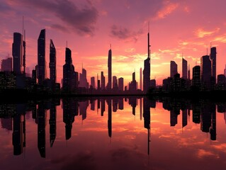 Fototapeta premium Silhouetted cityscape reflected in tranquil water at sunset.