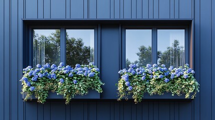 Fototapeta premium Serene Blue Hydrangeas Blooming in Window Boxes of Modern Building