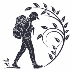 Vector Silhouette Of A Hiker With Backpack Surrounded By Decorative Floral Elements