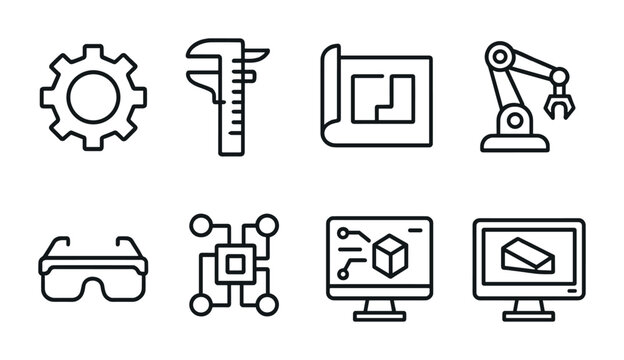 Industrial technology outline icons – linear engineering, manufacturing, and automation symbols for product design: gear, caliper, blueprint, robot arm, vr goggles, circuit, cad software.