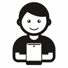 Cartoon Man Holds A Tablet Device Or Smartphone Black And White Icon