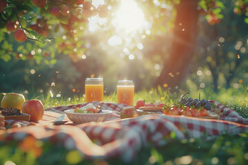 Relishing the tranquil charm of a lush scenery during a delightful picnic, with a cozy checkered blanket and a delectable assortment of food, creating a perfect outdoor dining experience    