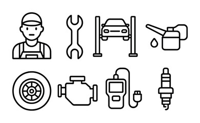 Plakat Automotive maintenance line icons - outline style car repair, mechanic tools, and vehicle service symbols: mechanic, wrench, lift, oil, tire, engine, diagnostic, spark plug.