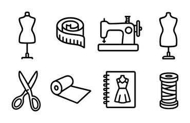 Fashion and sewing linear icons set – outline style tailoring, crafting, and design symbols: mannequin, measuring tape, sewing machine, scissors, fabric roll, sketchbook, thread spool