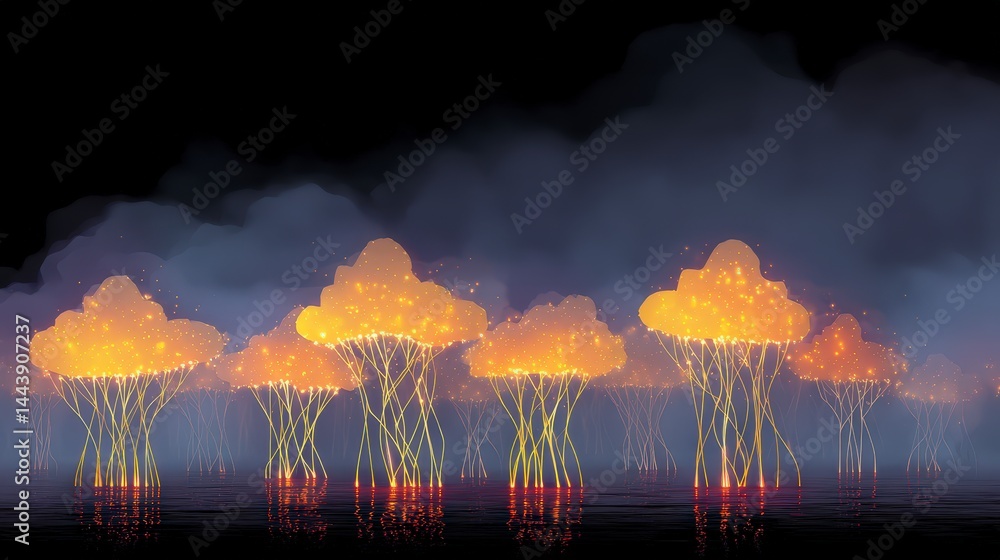 Poster illuminated cloud forest digital data network technology future