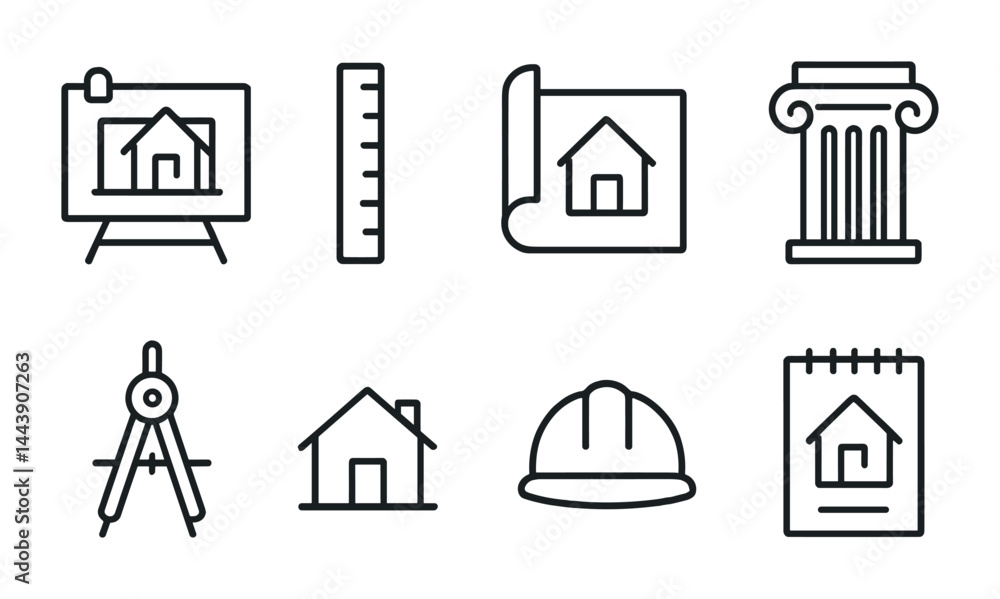 Poster architecture line icons set – outline style for building design, construction, and engineering proje