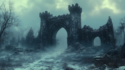 Ruined fortress in a snowy, misty landscape