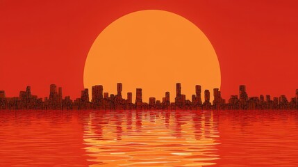Fototapeta premium Crimson sunset over a city skyline reflected in water.
