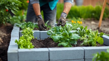 Naklejka premium Gardening: A Person Planting Vegetables in a Raised Garden Bed