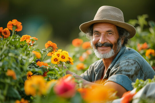 An expert gardener with bustling deep appreciation for nature skillfully tends to his garden, planting vibrant flowers, meticulously trimming hedges, and harvesting an abundance of fresh vegetables   
