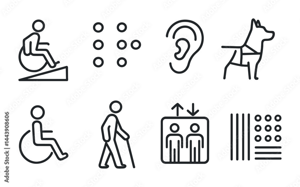 Poster accessibility symbols line icons set – outline style for inclusivity and universal design: wheelchai