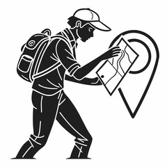 Silhouette Traveler With Backpack Reads Road Map Near Location Pin