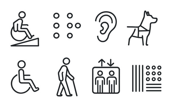 Accessibility symbols line icons set – outline style for inclusivity and universal design: wheelchair, braille, hearing aid, guide dog, elevator, walking cane, accessibility ramp.