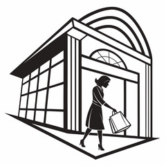 Woman With Shopping Bags Leaving Modern Store In Minimalist Black And White