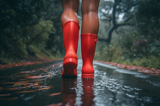 An individual confidently braving rain while sporting vibrant red rain boots, serving as bustling perfect representation of both invigorating rainy weather and engaging outdoor activities amidst wet c