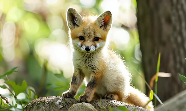 Captivating Fox Kit Portrait On Rocks With Bokeh Green Background In Natural Daylight