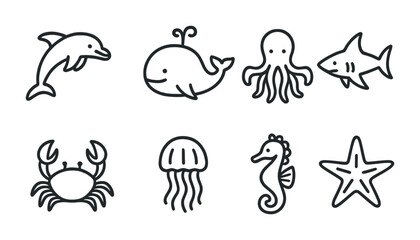 Fototapeta premium Marine life icon set – outline style ocean, sea creatures, and nautical symbols for wildlife projects: dolphin, whale, octopus, shark, crab, jellyfish, seahorse, starfish.
