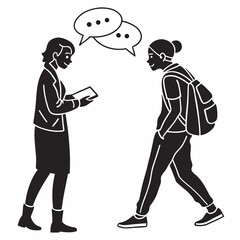Two People Communicating With Speech Bubbles Black And White Graphic Illustration
